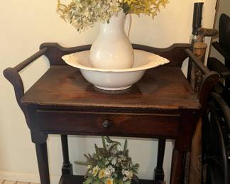 Wooden Wash Stand; Haeger Pitcher and Bowl Set