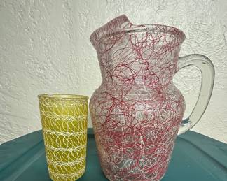 Hazel Atlas Red & White Spaghetti String Glass Pitcher and Yellow Glass