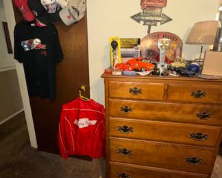 Ethan Allen Chest of Drawers; Baseball Hats; Wooden 55 Chevy Desk Lamp