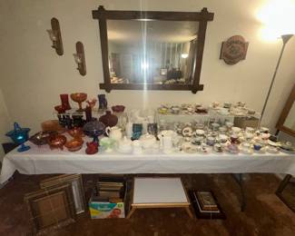 Cup & Saucers; Colored Glassware; Milk Glass; Wall Mirror; Sconces; Picture Frames