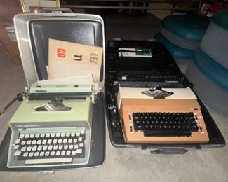 Remington Quiet Writer Eleven Manual Green Typewriter Miracle Tab and Case; Sears Electric Typewriter Commintator 1 and Case