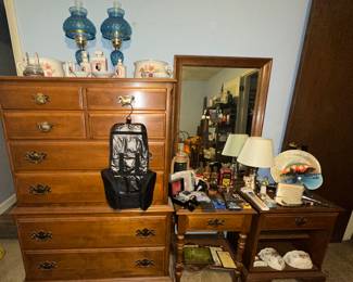 Ethan Allen Chest of Drawers; Blue Marble Base Fenton? Boudair Dresser Lamps; 1960's Dresser Set (Japan); Dresser Mirror; Ethan Allen Nightstands; Chamber Pots (Japan)