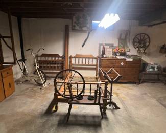 Kling Twin Size Beds x2- Headboard, Footboard, Rails and Slats; Montgomery Ward Exercise Bike; Kling Dresser; Decorative Spinning Wheel