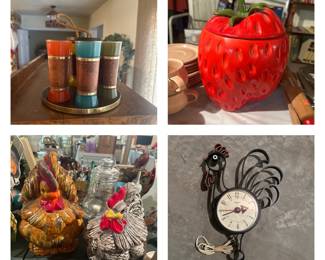 Frosted Siesta Ware Tiki Style Glasses Mahogany Wood Wrap in Mahogany Caddy; Vintage Ceramic Strawberry Cookie Jar; Ceramic Chicken/ Rooster Cookie Jars; MCM Spartus Crowing Rooster Electric Wall Clock