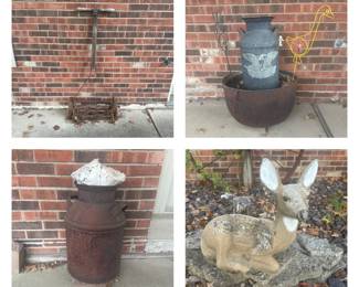 Antique Manual Lawn Mower (for decor only)l Metal Milk Cans; Metal Cast Iron Kettle; Baby Deer Statue