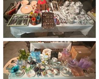 Designed for Mikasa by Bob Van Allen Peach Pastels Dinnerware Set; Flatware; Collectors Spoons; Noritake Linda 507 China; Ceramic Strawberry Cookie Jar; Knives;Frosted Siesta Ware Tiki Style Glasses Mahogany Wood Wrap in Mahogany Caddy;