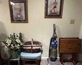Wooden TV Trays; Ottoman; Hoover Vac; Pictures; Basket; Decorative Chair