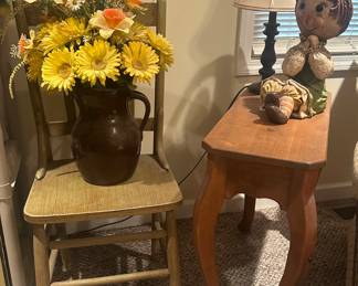 Wooden Desk Chair; Side Table; Ceramic Raggedy Ann; Decorative Brown Decorative Pitcher