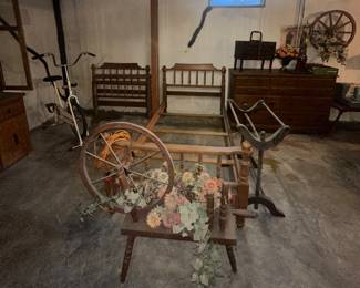 Ethan Allen Twin Size Beds x2- Headboard, Footboard, Rails and Slats; Montgomery Ward Exercise Bike; Kling Dresser; Decorative Spinning Wheel