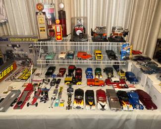 Diecast Cars; The Danbury Mint Diecast Cast; The Franklin Mint Precision Die Cast Cars; Replica Mini Metal Gas Pumps; Replica Mini Motors; Stickers; Hot Wheels; Tester Die- Cast Cars; Craftsman Mini Aluminum Replica Racing Floor Jack