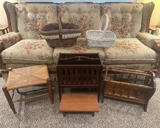 Broyhill Sofa; Ethan Allen Magazine Rack; Baskets; Stools