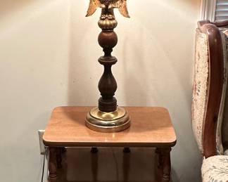 Tiered End Tables x2; Early American Eagle Table Lamps x2