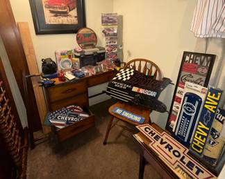 Knee Hole Desk; Desk Chairs; Revell & Monogram New Model Kits; Budweiser/ Nascar Neon Sign (Non Working); Dremel; Model Pieces and Parts; Tackle Box full of Model Parts; Chevy Signs; Dad and Grandpa Garage Signs; Chevy Thermometer; Geo Tracker Desk Top "trophy"