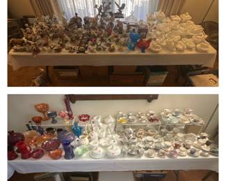 Figurines; Animal Figurines;Bird Figurines; Lefton and Lenox Bird Figurines; The Danbury Mint Porcelain Song Bird Eggs; Westmoreland Milk Glass "Animals" on Nest;Cup & Saucers; Colored Glassware; Milk Glass; Wall Mirror; Sconces; Picture Frames