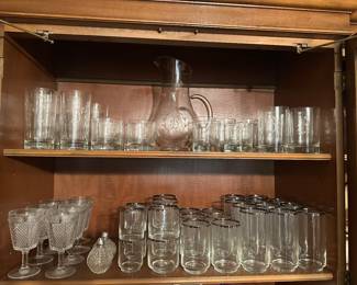 "B" Etched Pitcher and Glassware; Silver Rimmed Glassware