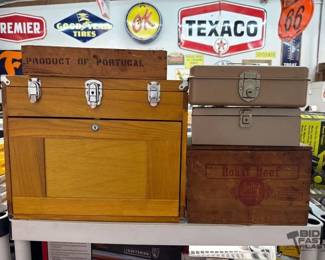 2102  Wooden Tool Chest, Wooden Crate, and Metal Storage Boxes 