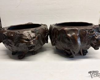 8150  2 Bronze Animal Jardiniere Sculptures 
