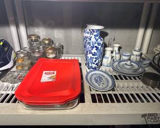 2846  Blue And White China, Assortment Of Mason Jars, Pyrex Baking Dish 
