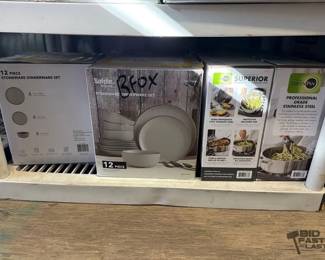 8058  3 12pc Safdie Stoneware Dinner Set and 2 Green Pan 5qt Saute Pans 