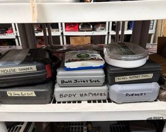 2238  Dremel and Attachments, Mouse Sander, Ball Joint Tool, Body Hammers, Versa Pack Drill, Oil Can 