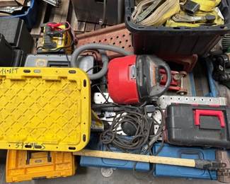 2542  Assorted Tools, Ratchet Strap Collection, Car Jack, Car Jack Ramps, Aluminum Ramps 