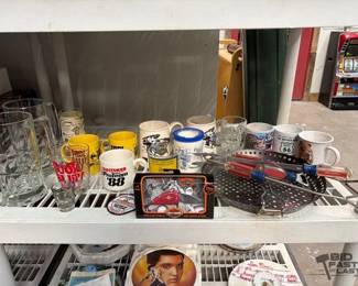 2408  Coffee Mugs, Glass Cups, Craftsman Grill Tools, and Harley Davidson Key Chain Knife 