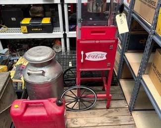 2164  CocaCola Popcorn Machine, Gas Can, Animal Crates, Milk Jug 