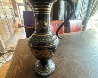 Vintage black gold etched vase