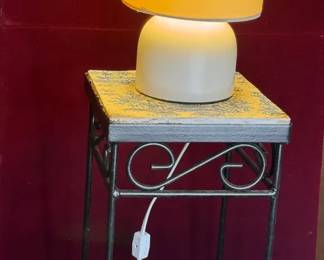French Art Deco Style Wrought Iron Accent Table With Modern Ivory Colored Lamp