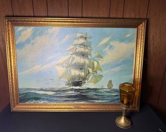 Vintage Painting Of A Tall Ship At Sea With A Vintage Lantern