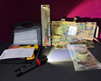 Utility pouches, hot glue, gun, and case, utility saw, heavy duty, flashlight