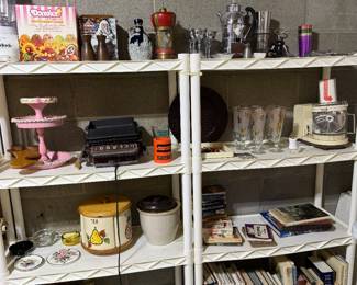 Kitchen collectibles, barware, more books