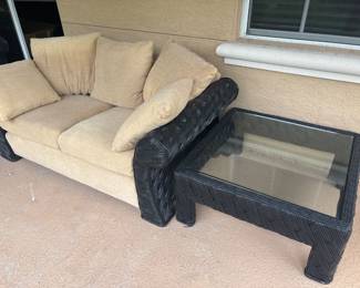 Two Ratan and Upholstered Loveseats with matching coffee table and end table