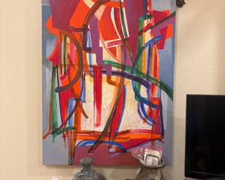 Original Artwork Red Green Blue Lines Abstract Art 24" x 36" Handmade Earthenware pottery