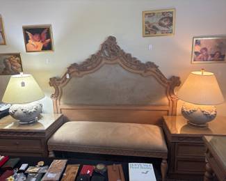 Kriess upolostored King Headboard matching dressing stool, Kreiss nightstands Italian Neoclassical Lamps