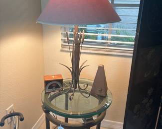 Round Metal and Glass Table with Metal Grass lamp