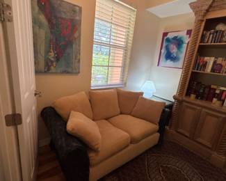 Two Ratan and Upholstered Loveseats with matching coffee table and end table