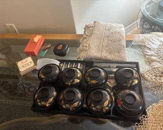 Asian Soup and sushi set with tray hand tatted linens