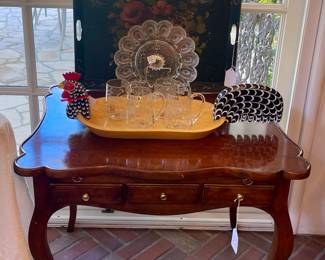 Painted Tole Tray, Rooster Tray & Three Drawer Table
