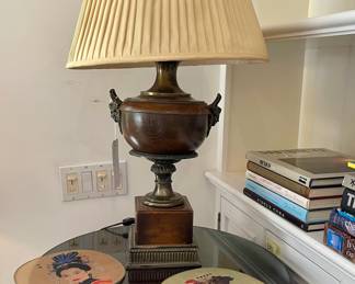 Drum Table & Second of the Pair of Frederick Cooper Oak Table Lamps w/Brass Details