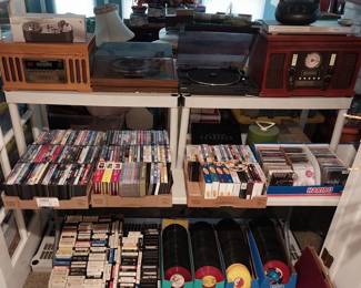 RCA surround sound speakers, Dell laptop, HP photosmart printers, 8 track cassettes, 78’s, 45’s, CD’s, DVD’s, turntable audio recorder, Panasonic turntable, Sony turntable, Polaroid DVD player, vintage style stereo’s
