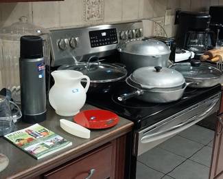 Hamilton Beach roaster oven, mini food chopper, Mr. Coffee espresso, Mr. Coffee coffee pots, electric hot water kettle, hot plate, Hamilton Beach toaster, cast aluminum, Nutri Bullet, Stanley thermos, Tupperware