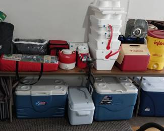 coolers, igloo drink cooler, Coleman queen air mattress with stand, tent