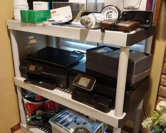 Dell monitor, microphones, alarm clocks, Michigan State clock, RCA surround sound speakers, Dell laptop, HP photosmart printers, Xbox 360 games