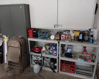 metal cabinet, folding chairs, garden chemicals, 