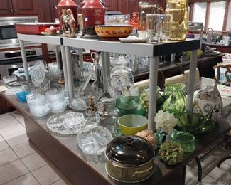 green glass, amber glass, Fire King bowl, canisters, large roasting pans, Anchor Hocking, Pyrex, Corning Ware, Enamel roasters, Pier 1 elephant cookie jar