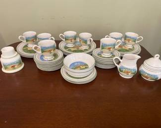 1980's Sangostone "Country Cottage" with footed tea cups & creamer and sugar