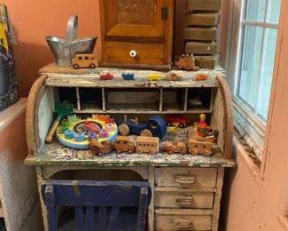 1950's roll top kids desk and chair / wooden train and vintage toys