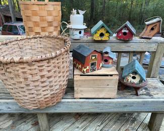Very large hand woven vintage basket and hand painted bird houses