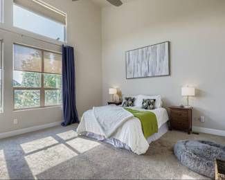 Large artwork, nightstands with matching dresser, bedding and lamps all for sale.